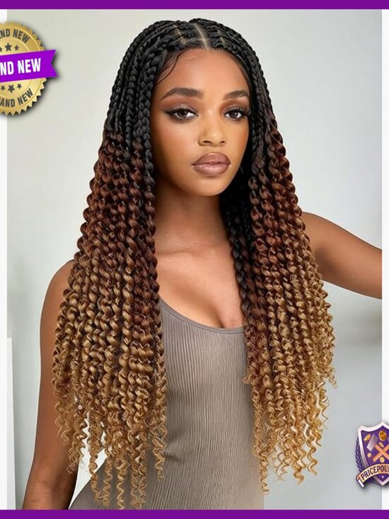 Long Box Braided Wig with Curly Ends Knotless Full Lace Synthetic Protective main image 4